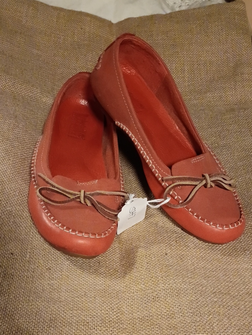 Coral Suede Moccasin Flats with Bow Accent